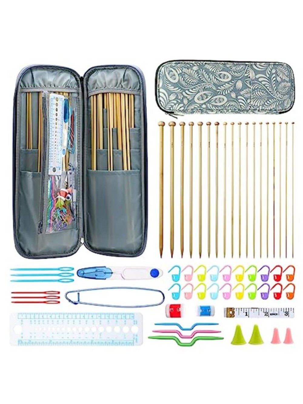 Bamboo Knitting Needle Set 18 Pair Stitch Markers Case Complete Knitting Kit